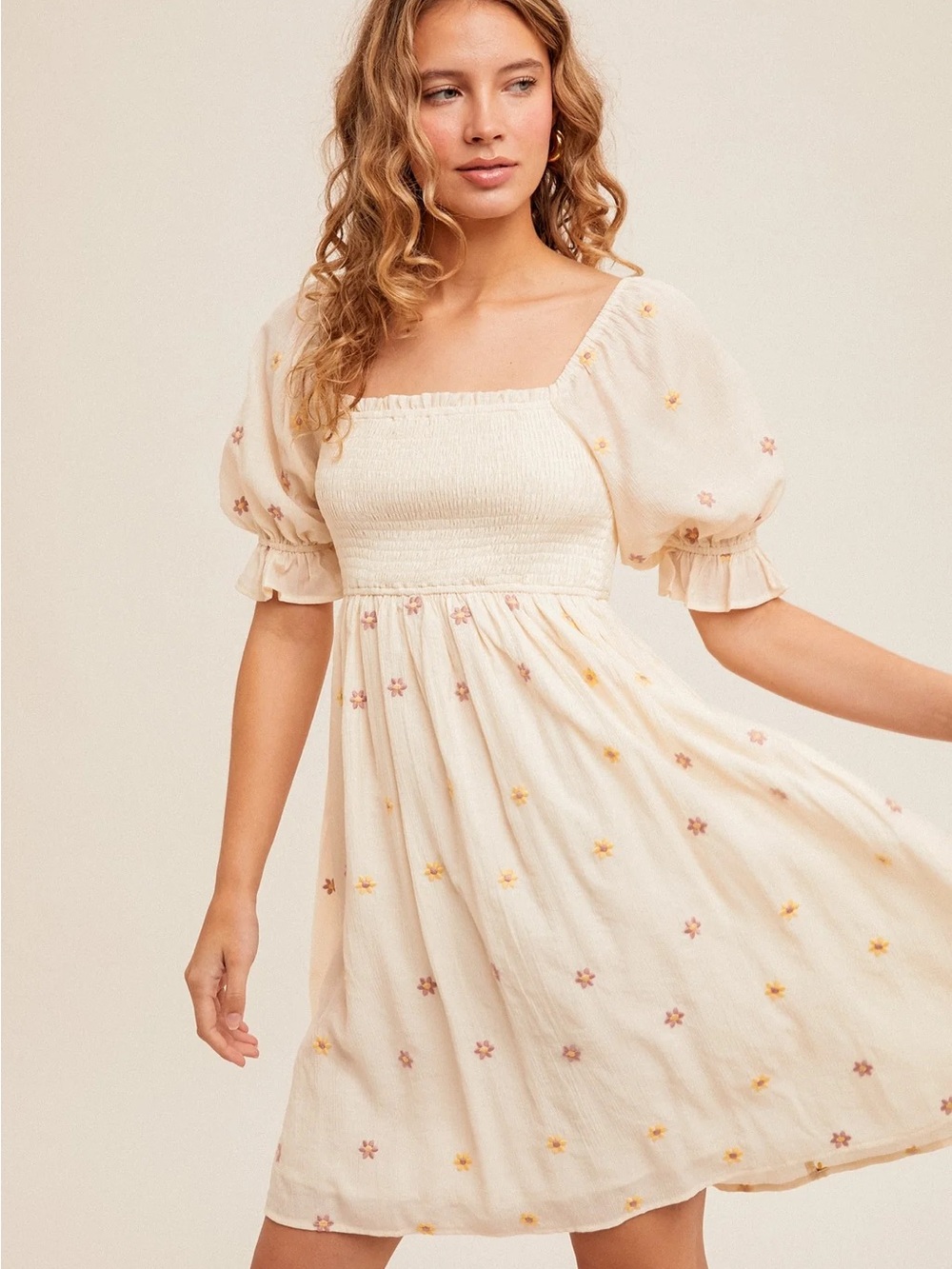 Hem & Thread Cream Embroidered Puff-Sleeve Mini Dress